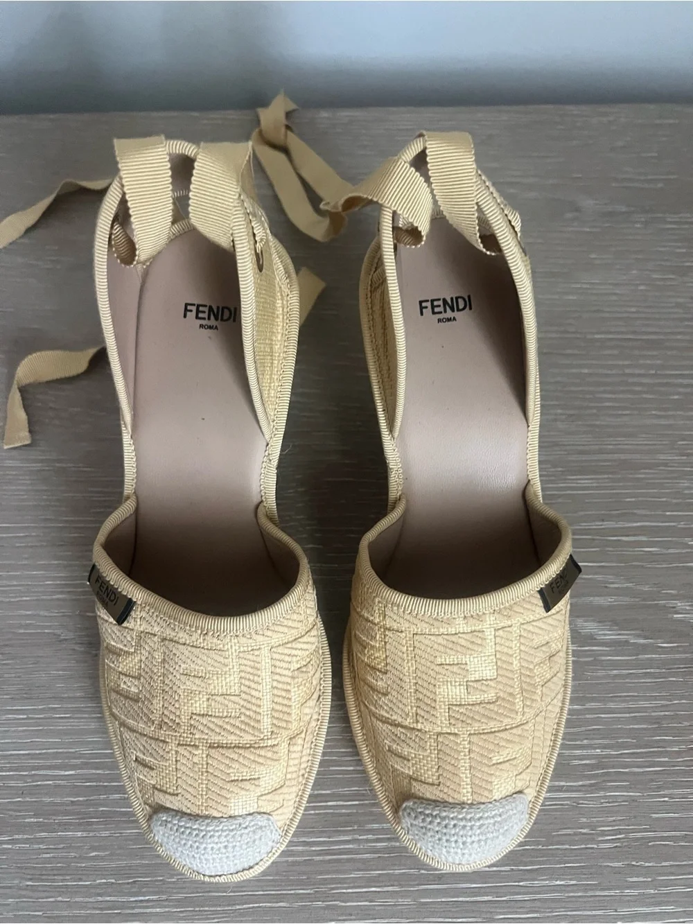 Fendi Cream Espadrille Wedge Tie-Up Sandals